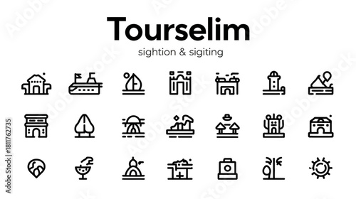 Vector Line Icons for Travel, Tourism, Sightseeing, Destinations, Vacation, Adventure, and World Exploration.