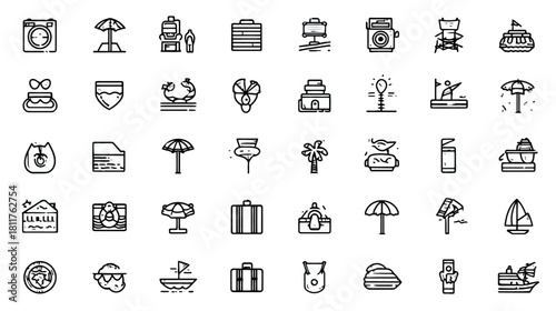 Travel and Vacation Line Icons Set - Summer Holiday Adventure, Tourism, Beach Trip, Luggage, and Leisure Activity Vector Illustrations
