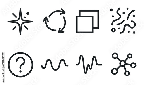 Abstract geometric icons on dark background featuring arrows, waves, and circular patterns