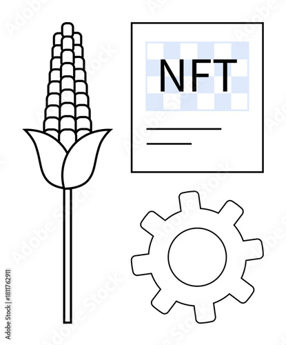 Corn stalk beside NFT certificate and gear, merging agriculture, digital technology, and blockchain innovation. Ideal for farming, tech, blockchain, sustainability agritech economy innovation. A