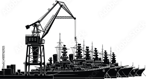 Shipyard crane silhouette, battleship construction scene, naval dockyard illustration, industrial harbor machinery, warship building graphic, maritime engineering, large crane structure,