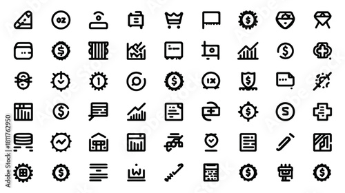 Large collection of minimalist business, finance, shopping, and office line icons. Vector symbols for commerce and economy.