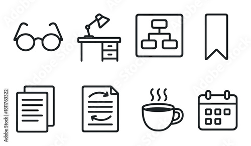 Vector line icons: glasses, desk lamp, flowchart, bookmark, documents, refresh, coffee, calendar