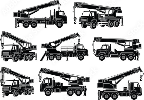 Silhouette collection of mobile crane trucks with extended booms, industrial construction heavy machinery illustration set for engineering, lifting 