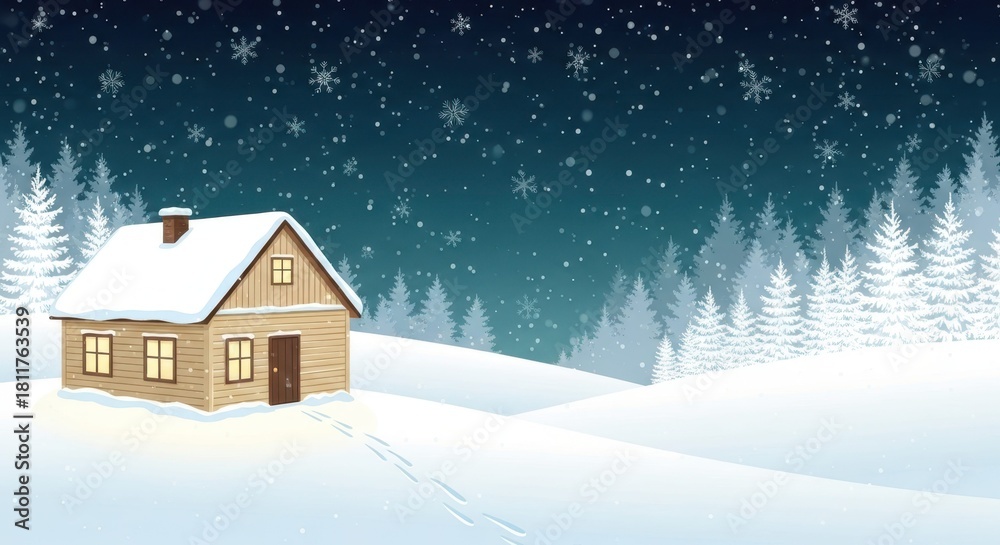 Fototapeta premium Winter cabin scene with falling snow and a cozy, inviting atmosphere