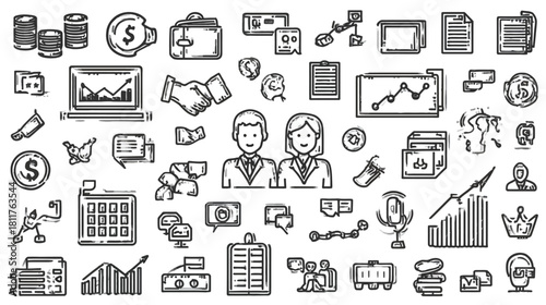 Hand Drawn Business and Finance Icon Set. Doodle Style Vector Illustrations for Office, Accounting, Growth, and Teamwork Concepts.