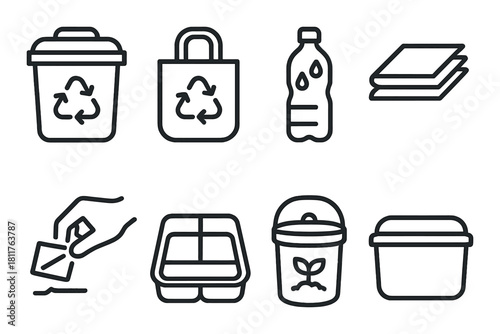 Eco-friendly icons: recycling, reusable bags, sustainable packaging, waste management symbols