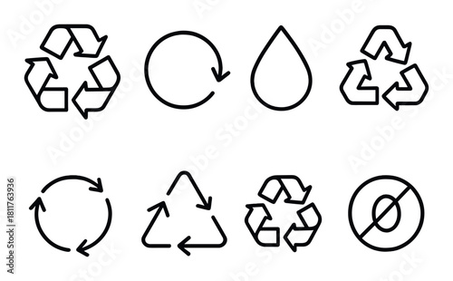 Set of recycling and environmental icons with arrows and water drop symbol