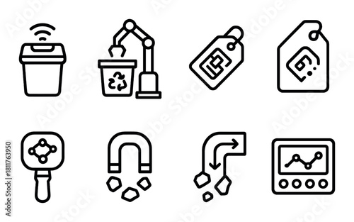 Black outline icons on dark background featuring recycling and analysis symbols