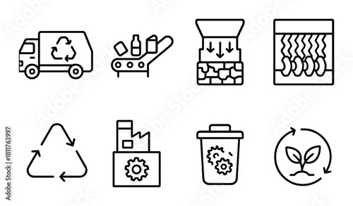 Recycling process icons illustrating waste management and sustainability practices