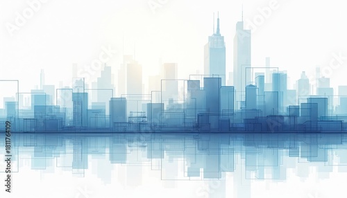 Blue city skyline design with buildings, skyscrapers. Urban architecture blueprint. Modern town panorama with reflection. Business presentation background about construction, real estate development