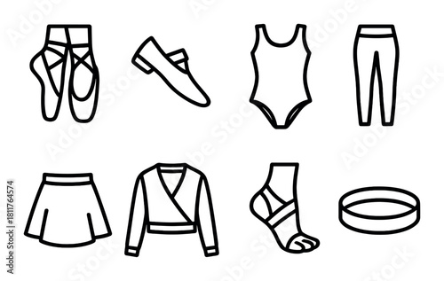 Ballet attire and accessories: shoes, leotard, skirt, wrap, leggings, footwear bands