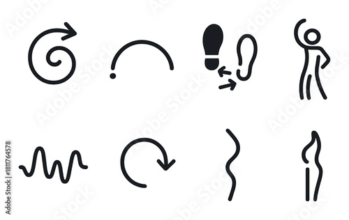 Abstract symbols featuring arrows, footsteps, and human figures on dark background