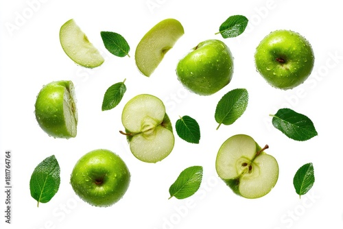 Wallpaper Mural Fresh green apples and leaves scattered on white background Torontodigital.ca