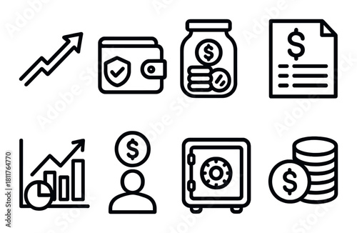 Financial growth and security icons collection featuring charts and money symbols