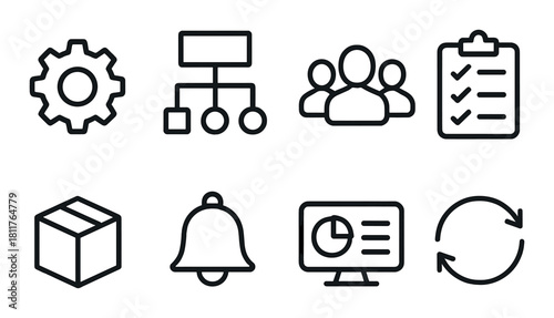 Black icons depicting workflow management and business operations on dark background
