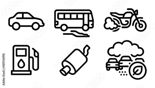 Transportation and emission icons: car, bus, motorcycle, fuel, pollution