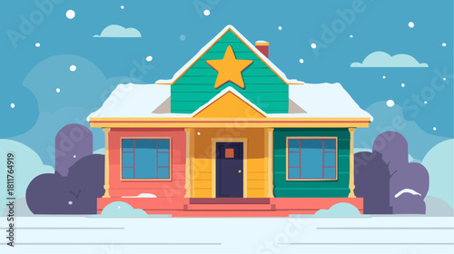 Bright colorful house with star on the roof in snowy landscape, playful minimal illustration for kids products, learning materials and cheerful branding