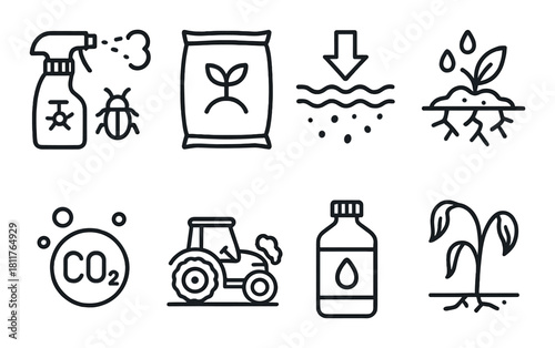 Agricultural icons: pest control, fertilizer, irrigation, carbon dioxide, tractor, growth