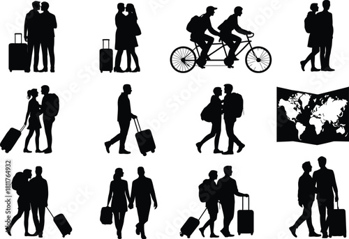 Travel Couple Silhouettes – Vacation, Cycling, Luggage, Map and Adventure Love Scenes