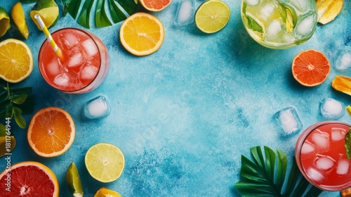 Variety of colorful drinks in glasses on a blue background displayed together