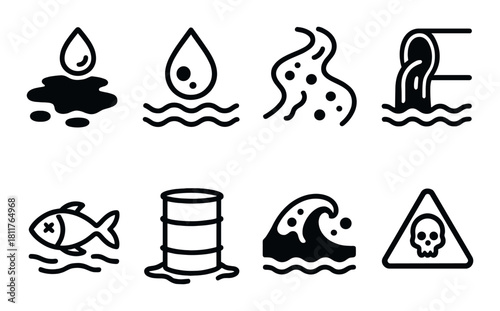 Environmental hazards icons depicting water pollution and toxic waste