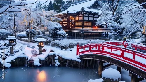 Tranquil Japanese garden covered in fresh snow on New Year's Eve, stone lanterns glowing softly, red bridge over frozen pond, bare maple branches, traditional wooden architecture in background