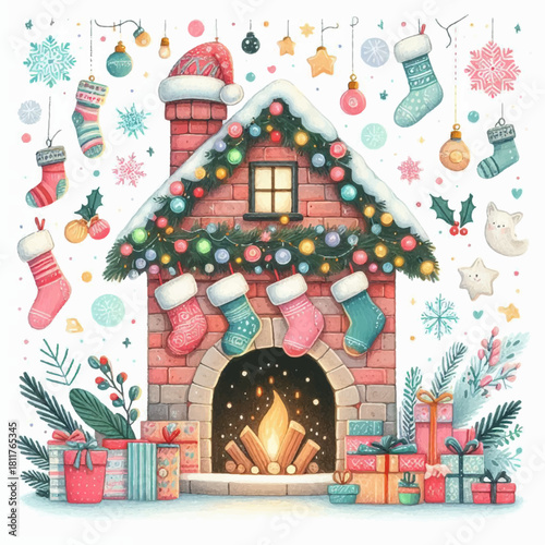 Cute Christmas Fireplace with Hanging Stockings, Gifts, and Festive Ornaments – Cozy Winter Holiday Illustration