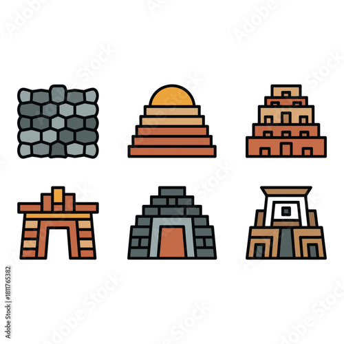 Collection of ancient stone buildings and structures in a flat design style