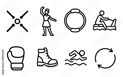 Black and gray sports icons set including boxing, swimming, hiking, and canoeing