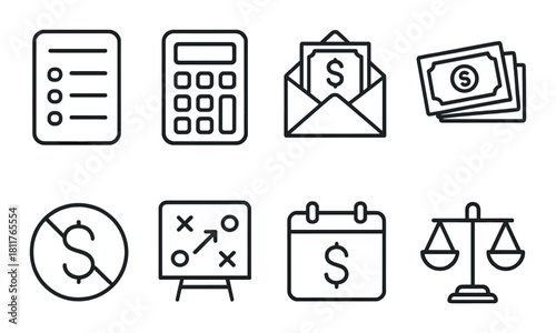Black and grey financial icon set featuring calculator, money, and scales