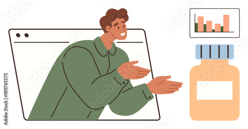 Person appearing through a browser window, gesturing toward a product bottle and a data chart. Ideal for marketing, product promotion, e-commerce, sales pitch, online advertising, data analysis
