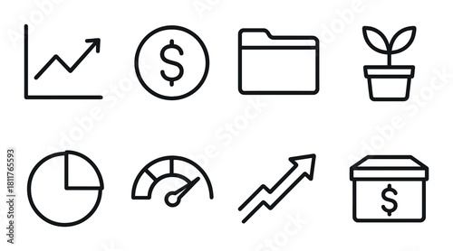 Monochrome financial icons: growth, investment, savings, and performance