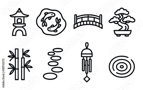Zen garden symbols: lantern, koi, bridge, bonsai, bamboo, stones, wind chime, maze