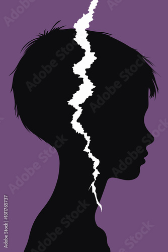 Silhouette of a child’s head split down the middle, symbolizing emotional trauma, inner conflict, and psychological fragmentation. Minimalist, impactful mental health artwork.