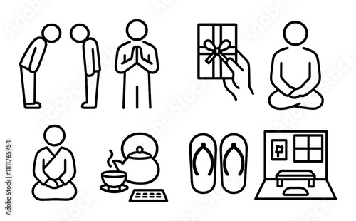 Minimalist icons of japanese traditions tea ceremony gift etiquette meditation