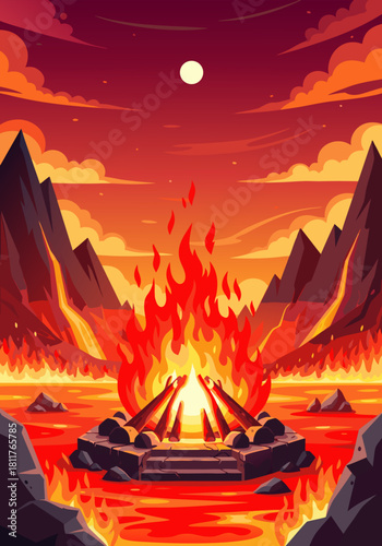 Dramatic illustration of a powerful bonfire burning intensely amidst a molten lava landscape with towering jagged mountains under a fiery red sky and full moon