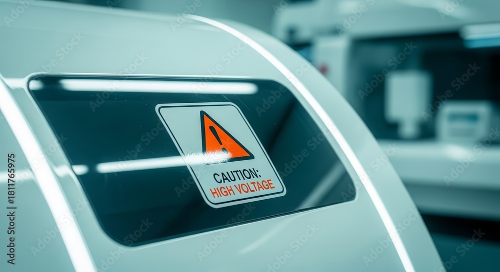 Fototapeta premium Warning Sign Indicating High Voltage Danger Placed On A Modern Futuristic Device Design