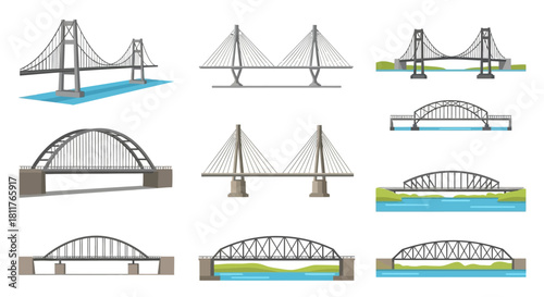 Collection of different bridge designs for infrastructure and transportation, vector illustration