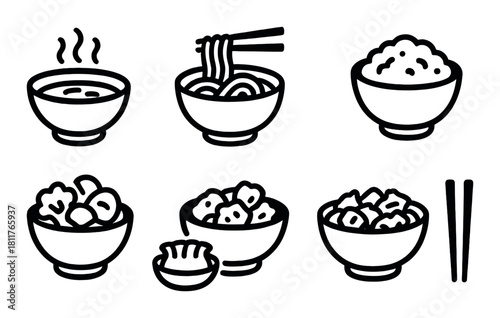 Icon set of asian cuisine dishes: noodles, rice, soup, dumplings, vegetables, chopsticks