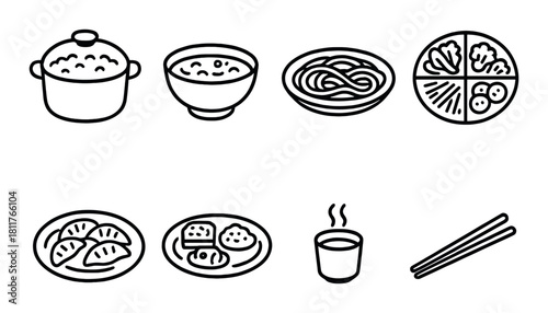 Simple doodles of asian food: rice, noodles, dumplings, tea, and chopsticks