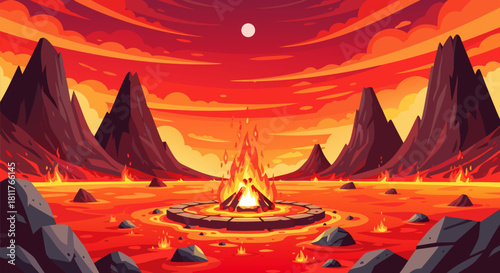Epic fantasy landscape illustration of a blazing bonfire on a stone altar in a volcanic crater filled with molten lava under a burning red sky
