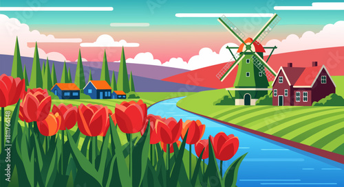 Colorful vector illustration of a classic Holland landscape with a green windmill, red tulips, and a serene canal representing Dutch culture