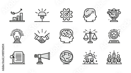 Modern Business & Success Line Icons Set: Growth, Strategy, Innovation, Teamwork, and Achievement Vector Graphics