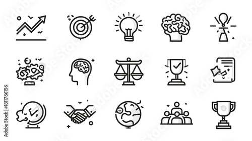 Modern Business and Success Line Icons Set: Strategy, Innovation, Teamwork, Global Growth, Legal & Achievement Symbols