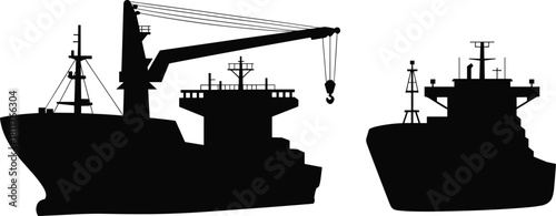 Silhouette of cargo ships, crane-equipped vessel, standard freighter, maritime transport, black and white illustration, ship comparison, ocean logistics, vessel design