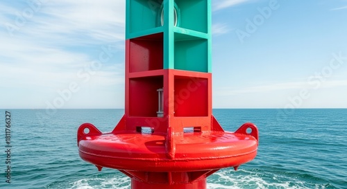 Fototapeta Naklejka Na Ścianę i Meble -  Vibrant Red And Green Navigation Buoy Amidst Tranquil Ocean And Clear Waterscape