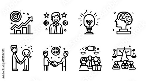 Business success, strategy, innovation, and ethical collaboration icon set. Outline vector for growth, ideas, teamwork, and intelligence.