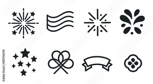 Set of decorative icons with fireworks, banner, and floral elements on dark background