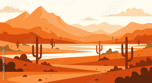 Desert landscape illustration with mountains, cacti, and a river reflecting the orange hues of the environment